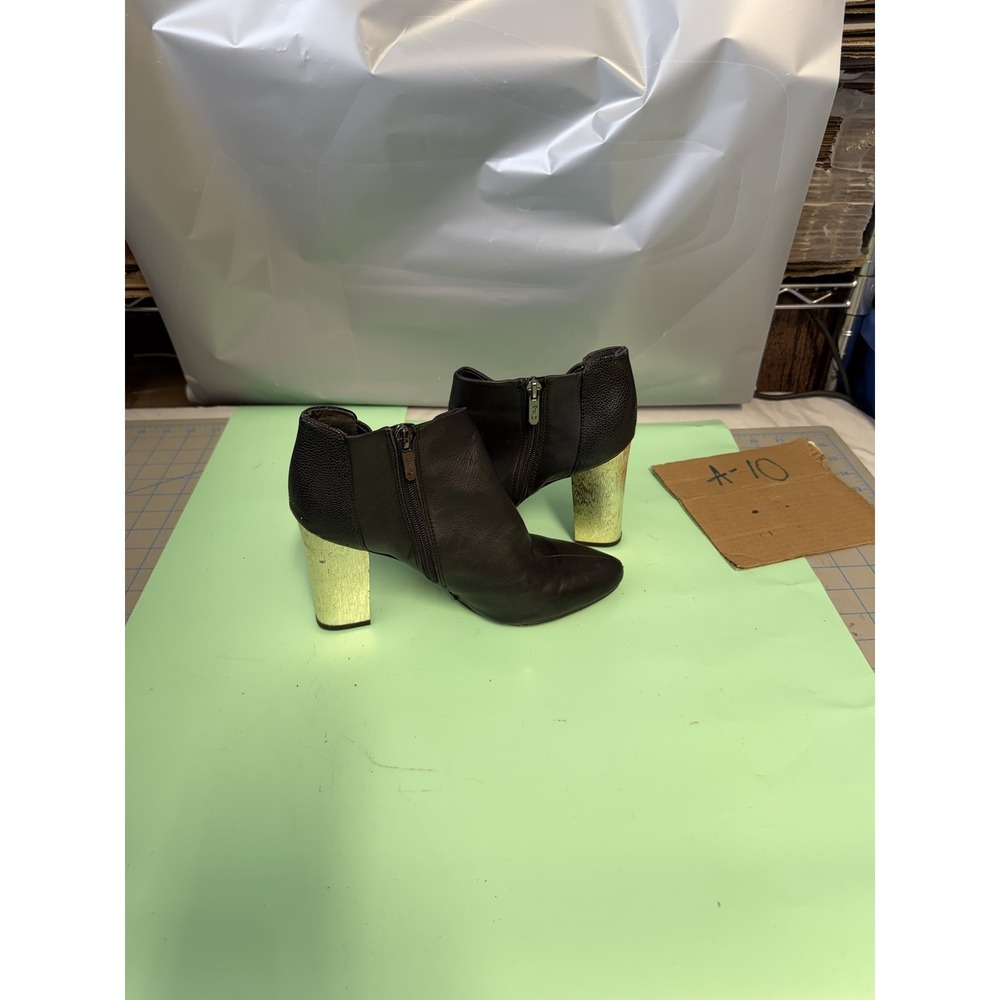 Circus by Sam Edelman BOND Black Leather Ankle Boots Gold Block Heel Women's 7.5